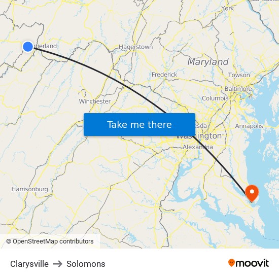 Clarysville to Solomons map