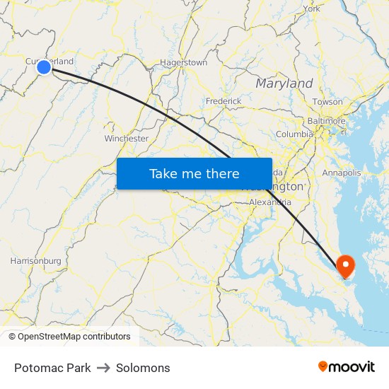 Potomac Park to Solomons map