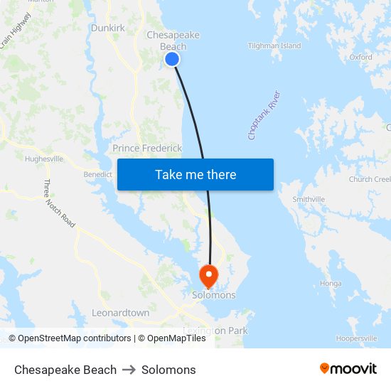 Chesapeake Beach to Solomons map