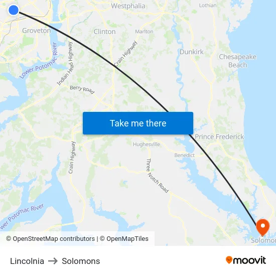 Lincolnia to Solomons map