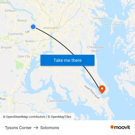 Tysons Corner to Solomons map