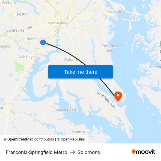 Franconia-Springfield Metro to Solomons map