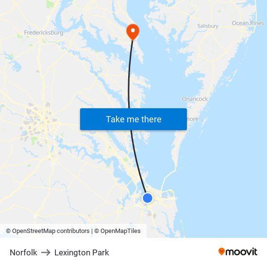 Norfolk to Lexington Park map
