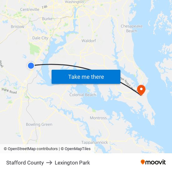 Stafford County to Lexington Park map