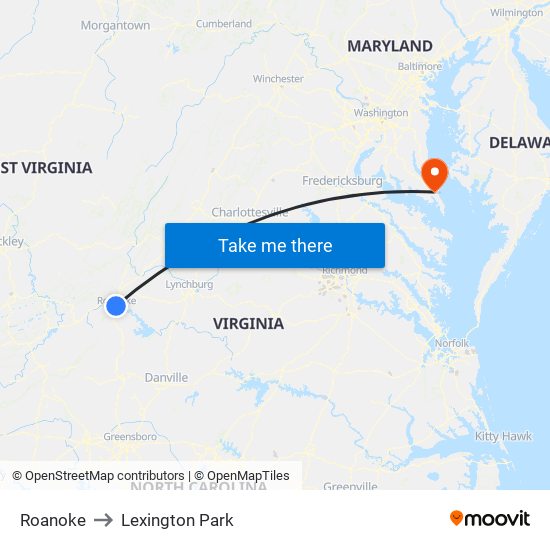 Roanoke to Lexington Park map