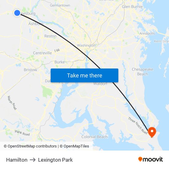 Hamilton to Lexington Park map