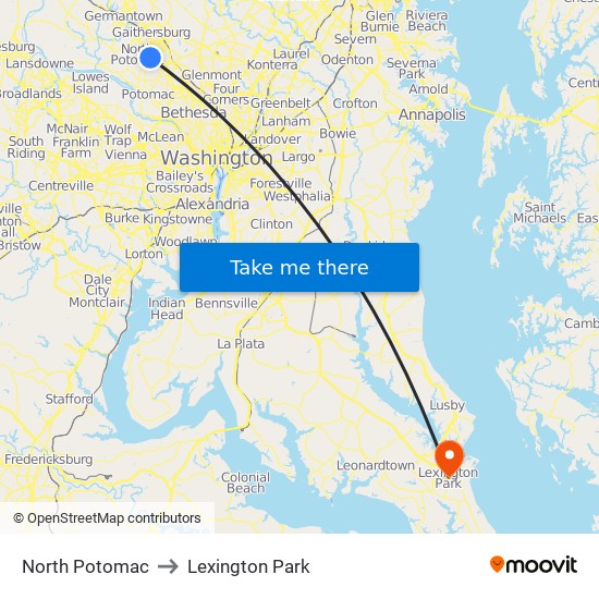 North Potomac to Lexington Park map