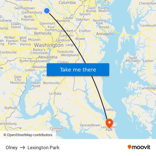 Olney to Lexington Park map