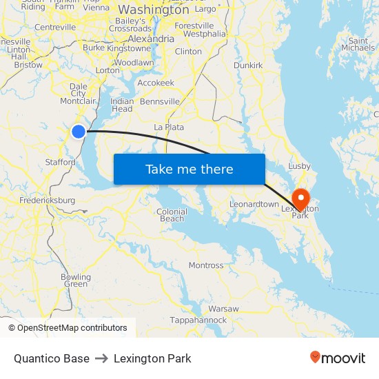 Quantico Base to Lexington Park map