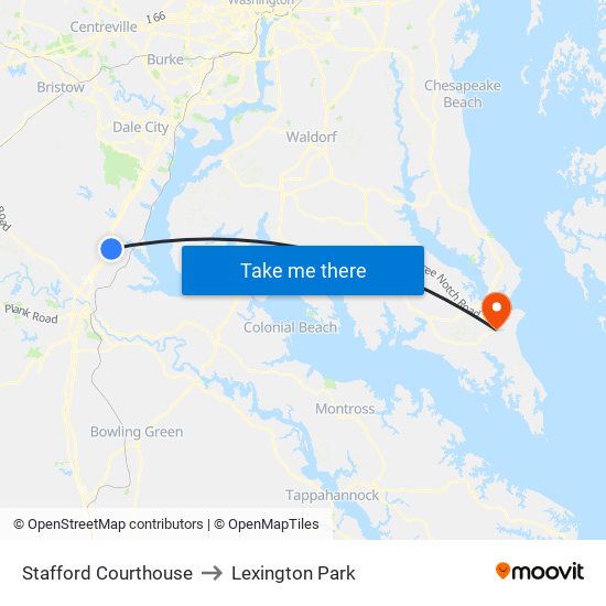Stafford Courthouse to Lexington Park map