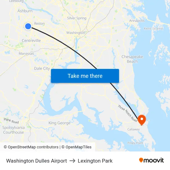 Washington Dulles Airport to Lexington Park map