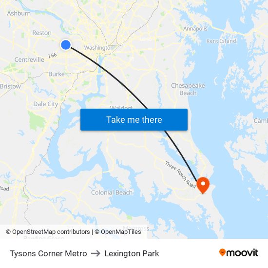Tysons Corner Metro to Lexington Park map