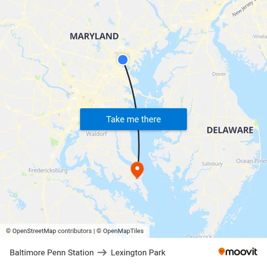 Baltimore Penn Station to Lexington Park map