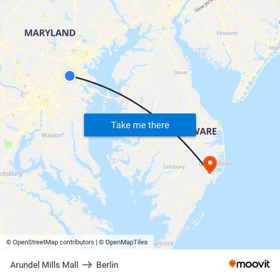 Arundel Mills Mall to Berlin map