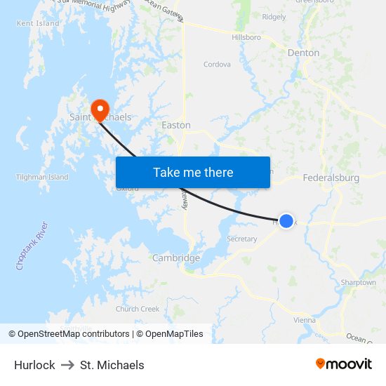 Hurlock to St. Michaels map