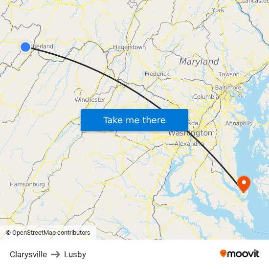 Clarysville to Lusby map