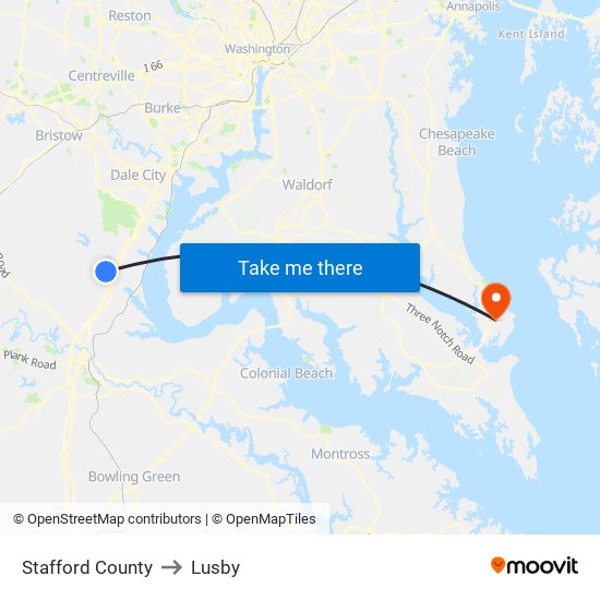 Stafford County to Lusby map