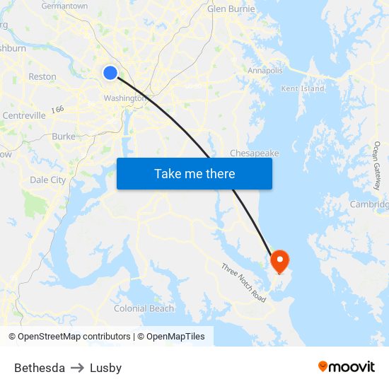 Bethesda to Lusby map