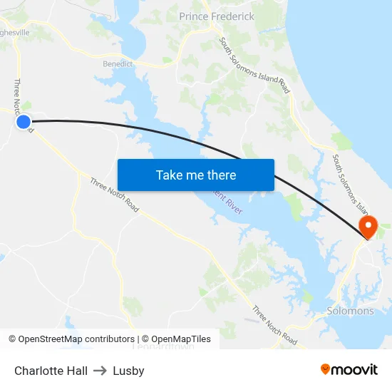 Charlotte Hall to Lusby map