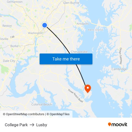 College Park to Lusby map