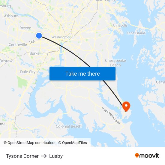 Tysons Corner to Lusby map