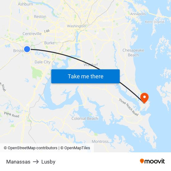 Manassas to Lusby map