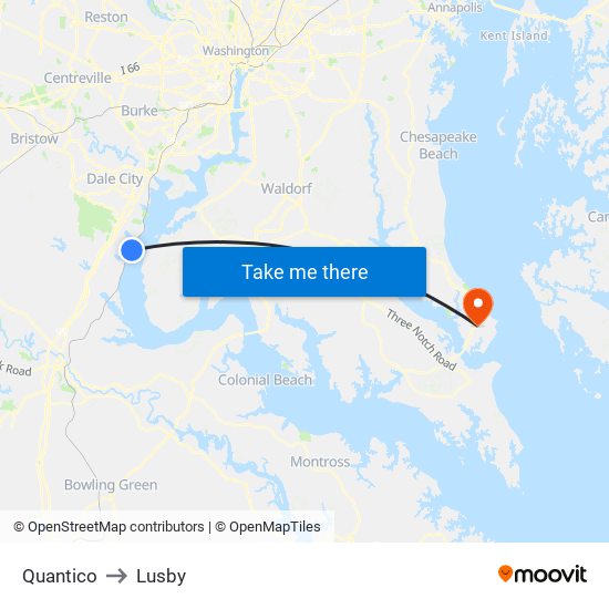 Quantico to Lusby map