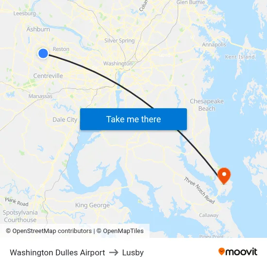 Washington Dulles Airport to Lusby map