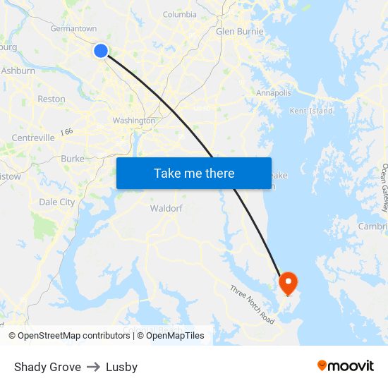 Shady Grove to Lusby map