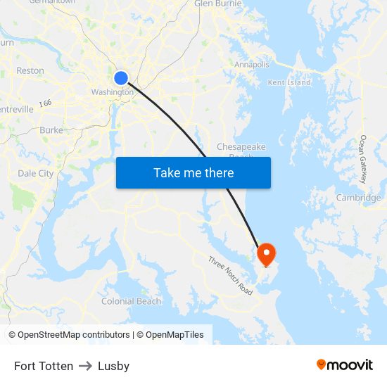 Fort Totten to Lusby map