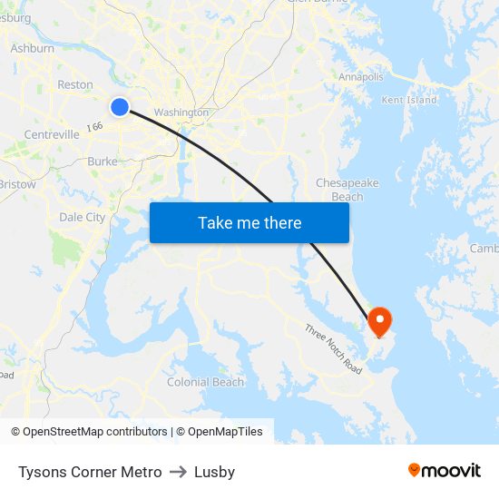 Tysons Corner Metro to Lusby map