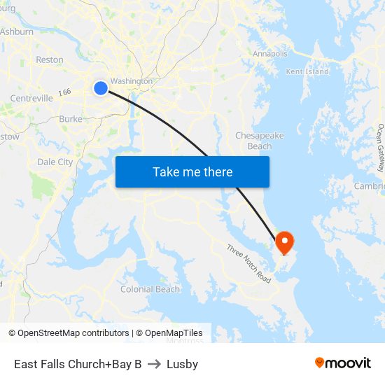 East Falls Church+Bay B to Lusby map