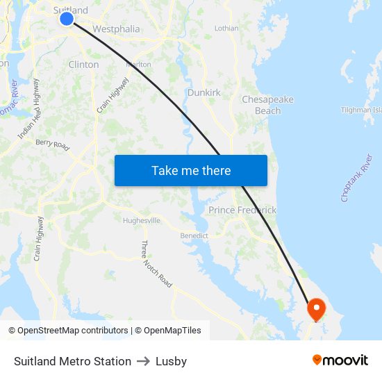 Suitland Metro Station to Lusby map