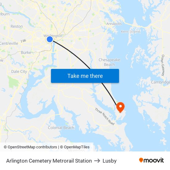 Arlington Cemetery  Metrorail Station to Lusby map