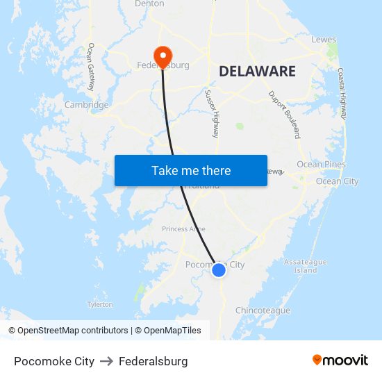 Pocomoke City to Federalsburg map