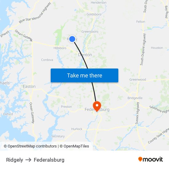 Ridgely to Federalsburg map