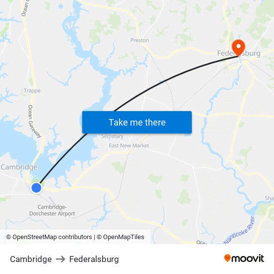 Cambridge to Federalsburg map