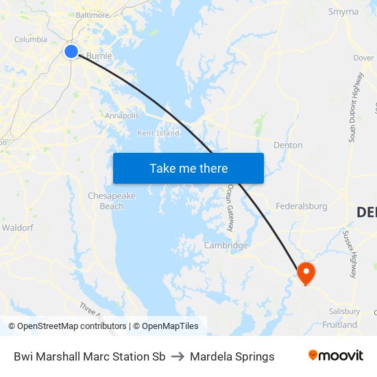 Bwi Marshall Marc Station Sb to Mardela Springs map