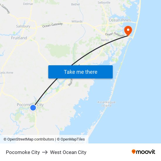 Pocomoke City to West Ocean City map
