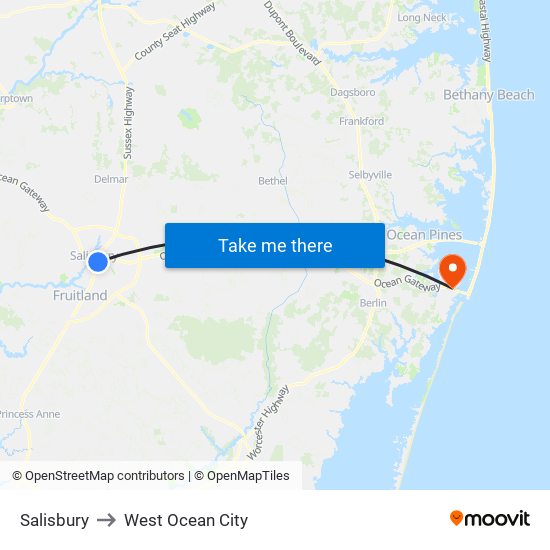 Salisbury to West Ocean City map