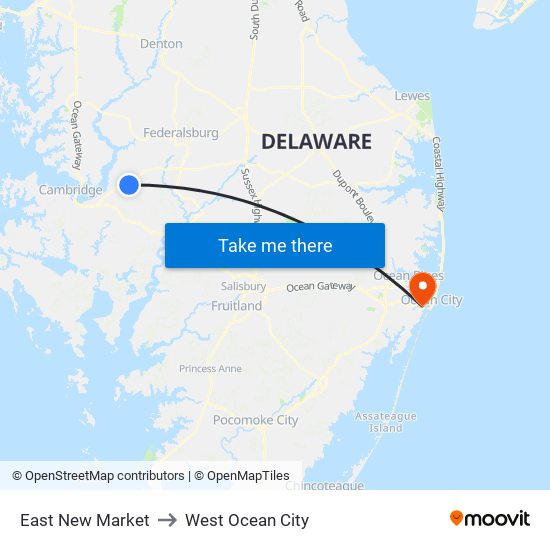 East New Market to West Ocean City map