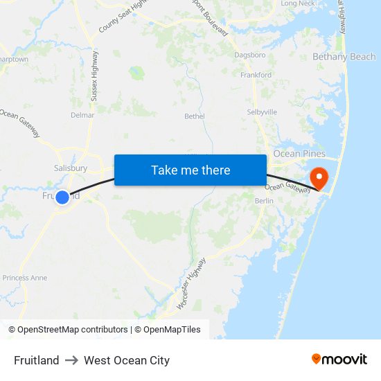 Fruitland to West Ocean City map