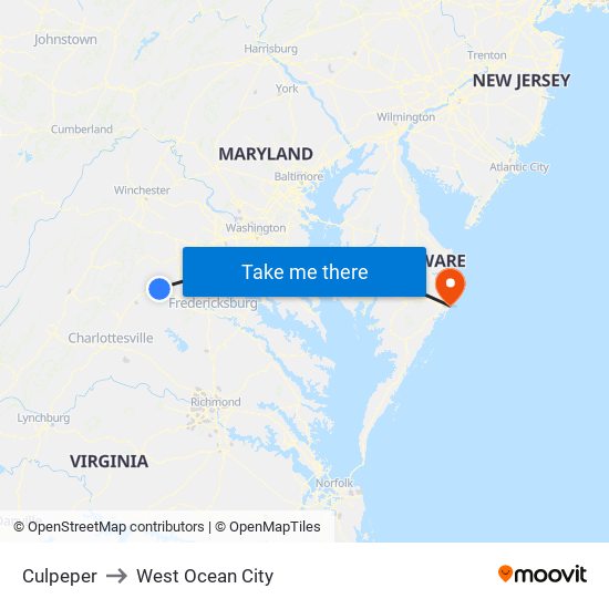 Culpeper to West Ocean City map