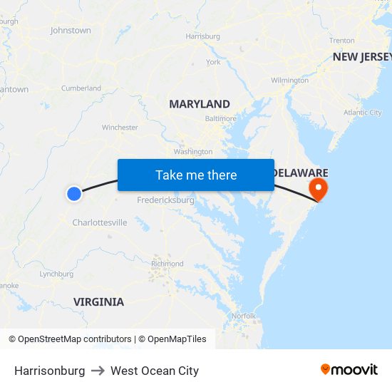 Harrisonburg to West Ocean City map