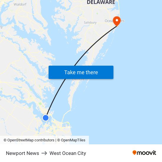 Newport News to West Ocean City map