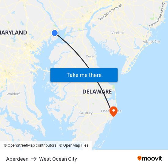 Aberdeen to West Ocean City map