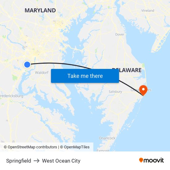 Springfield to West Ocean City map