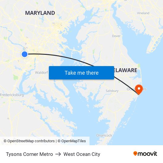 Tysons Corner Metro to West Ocean City map