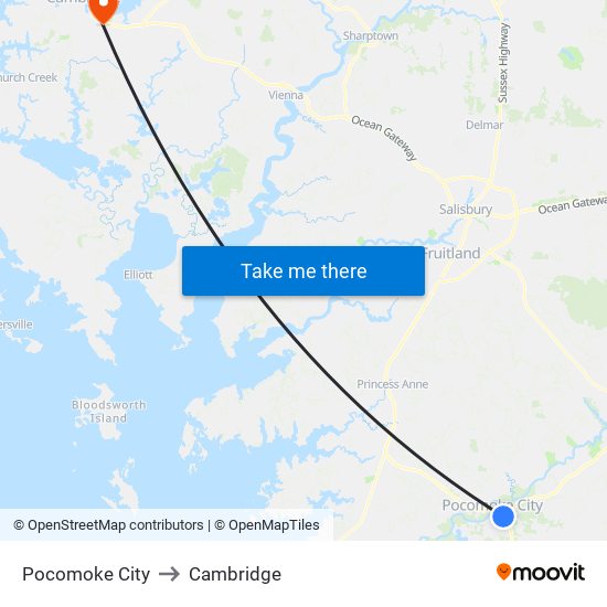 Pocomoke City to Cambridge map