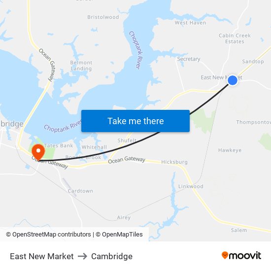 East New Market to Cambridge map